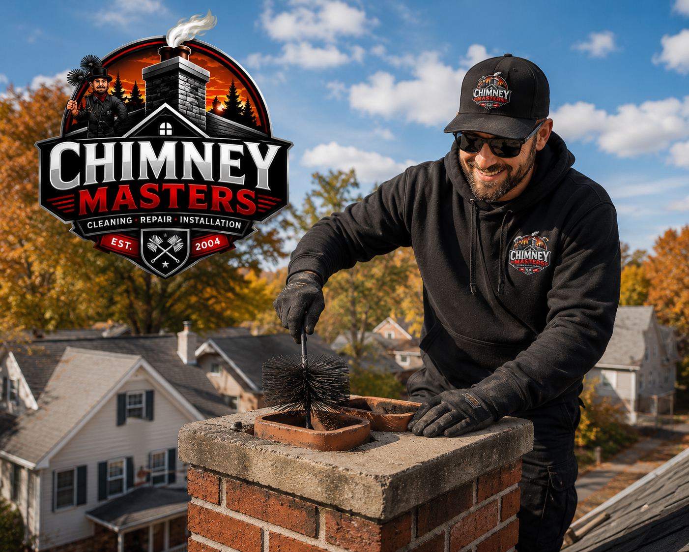 Chimney Masters technician sweeping a brick chimney on a roof
